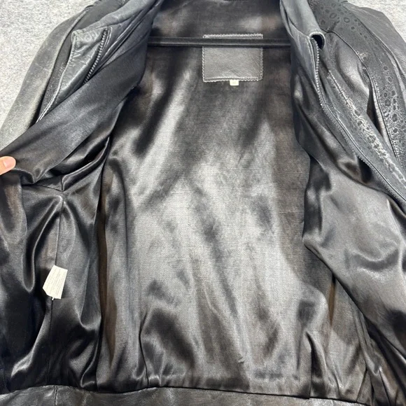 Vintage 80s Black Leather Bomber Jacket Women Oversized Puff Sleeve Retro Grunge - Picture 11 of 16